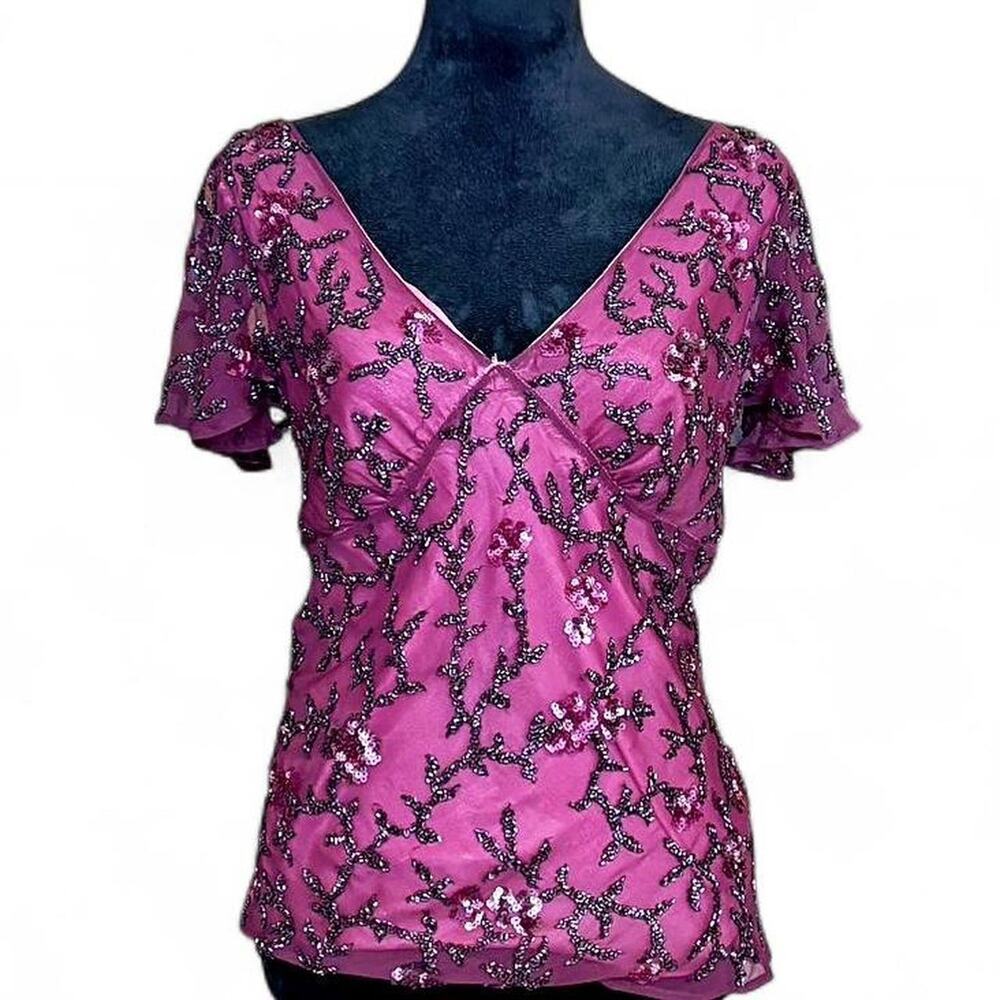 Y2K Papell Boutique Silk Beaded Top – Formal Sequin Blouse XL